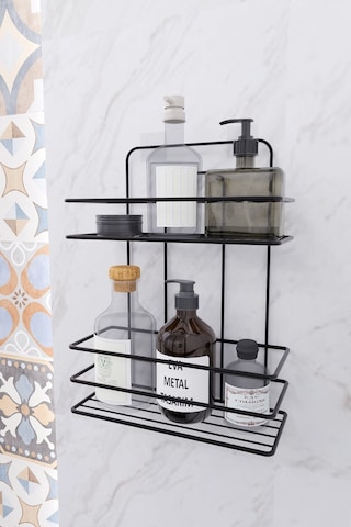 Eva Metal Tasarim Ömür Boyu Paslanmaz Duvara Yapışkanlı 2 Katlı Banyo Düz Şampuanlık Düzenleyici Siyah