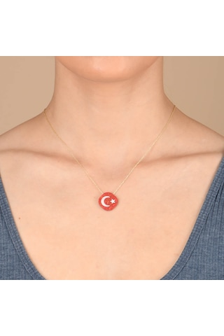 Altın Kaplamalı Opal Taşlı Türk Bayrağı Desenli Gümüş Kolye Gold - Rose Gold - Gümüş
