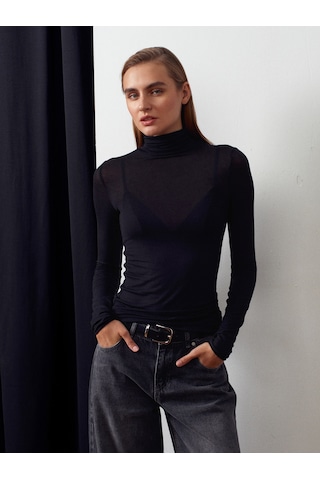 Dilvin 32277 Balıkçı Yaka Kaşmir Bluz-siyah Siyah