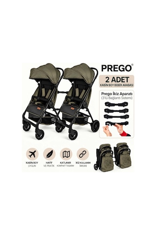 Prego İkiz Apartlı Birleşip Ayrılan Yan Yana İkiz Kabin Boy Bebek Arabası Haki