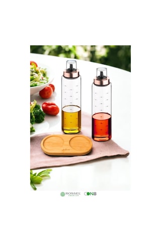 Rossel Premium Bambu Standlı Damlatmaz Borosilikat 2'li Cam Yağlık 500ml Bakır