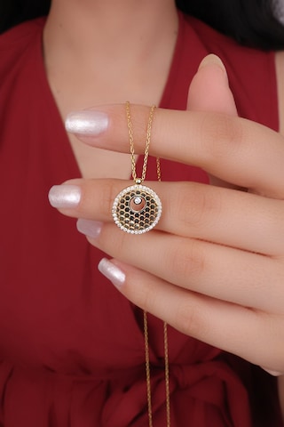 Encili Silver 925 Ayar Gümüş Taşlı Yaşam Çiçeği Model Gold Renk Kadın Kolye Gümüş