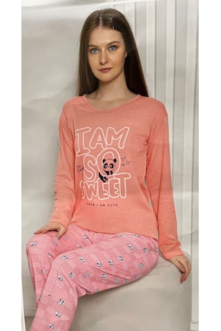 Novavita Yenihayat Yazı Basklı Pamuklu Pembe Resimli Pijama Takımı