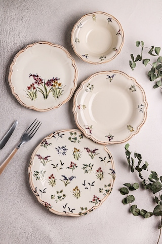 Wild - 24 Parça 6 Kişilik Porselen Yemek Takımı Kenarları Silik Vintage Tuval Model Porselen Tabak Çok Renkli - 683103577 Çok Renkli