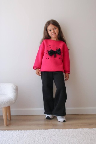 Kız Çocuk Siyah 2 Li Takım Kırmızı Organze Gül Detaylı Sweatshirt & Rahat Eşofman Takım Çingene Pembe