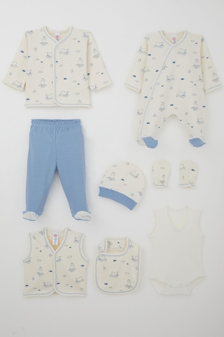 Breeze Erkek Bebek Hastane Çıkışı 8 Li Sevimli Deniz Hayvanları Desenli 0-3 Ay, Krem Krem