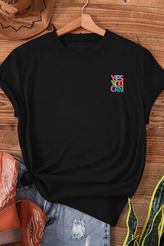 Spoyi Yes You Can Tasarımlı %100 Pamuk Yarım Oversize Siyah T-shirt