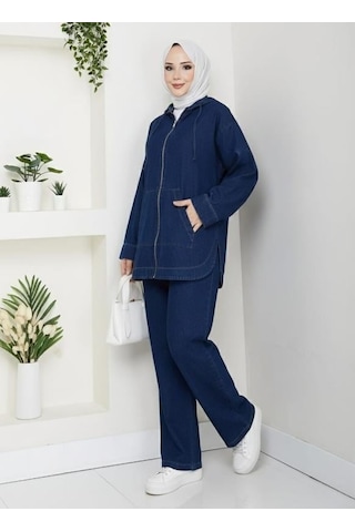 Hb Harma Time Butik Kadın Kapüşonlu Cepli Koyu Kot Mavi Tunik Pantolon Takım Koyu Mavi