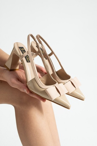 Lebibe Shoes Lerında Kadın Bej Sivri Burun Rugan Slingback 7 Cm Topuk Fiyonklu Klasik Ayakkabı
