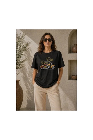 Butik İstanbul Motosiklet Baskılı Tişört Bisiklet Yaka Kısa Kol Yazlık T-shirt - Siyah