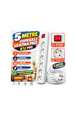 5 Metre 6'lı Topraklı Anahtarlı Uzatma Priz 3x1,5 Mm² Tam Bakır Ttr Kablo 16a Aç Kapat Düğmeli Çoklu Priz Beyaz - 939005482 4 - 5 M