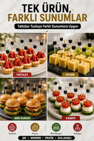 50 Li Siyah Küp Bambu Kürdan 9 Cm Parti Davet Kokteyl Kanepe Sunum Kürdanı Organizasyon Sofra Seti