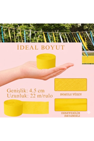 Sarı Şerit Krapon Kağıdı Rulosu, Çiçek Yapım, Parti, El İşi Süsleme Kağıdı, 6 Adet, 4.5 Cm X 22metre