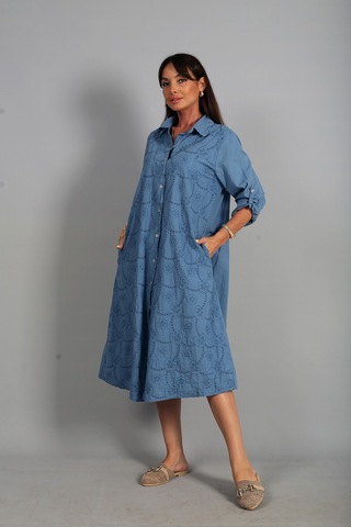 By Saygı Kadın İtalyan Cotton Cepli Kabartma Çiçek Nakış İşlemeli Oversize Uzun Elbise İndigo
