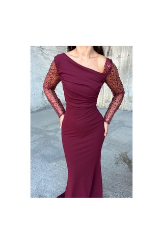 Lior Design Kadın Zarif Asimetrik Yaka Taş Detaylı Maxi Abiye Elbise Bordo