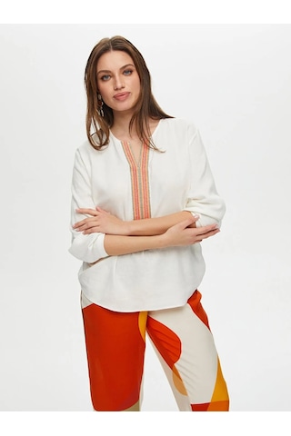 Faik Sönmez Yakası Nakışlı 3/4 Kol Ketenli Kadın Bluz Us25blz020 Ekru