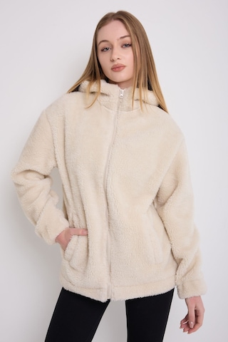 Kadın Ekru Peluş Rüzgar Geçirmez Welsoft Çift Cepli Kapüşonlu Kışlık Mont Ekru