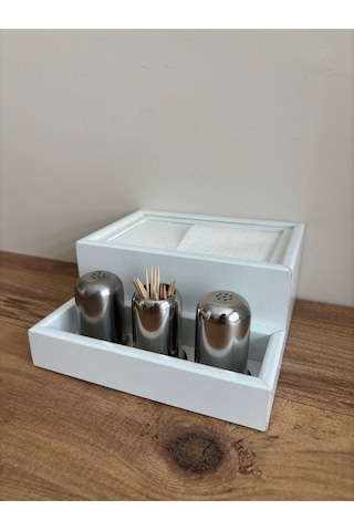 Mimoza Baharatlık Bölmeli Ahşap Masaüstü Peçetelik 24 Adet Restaurant Dispenser Beyaz Baharatlıklar Hariç