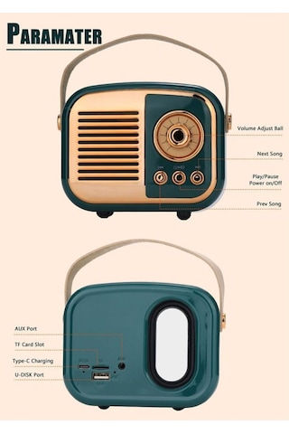 Nostaljik Retro Radio Parlak Kaplama Bluetooth Bağlantılı Hoparlör - Yeşil- Tek Ebat
