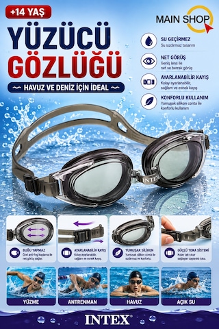 Mainshop Intex Yetişkin Yüzücü Gözlüğü +14 Yaş - Profesyonel Havuz - Deniz Gözlüğü M-55685