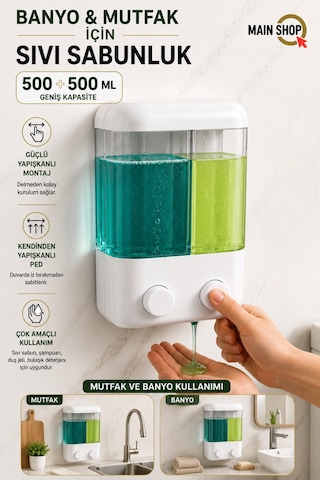 Mainshop 1 Adet Yapışkanlı Duvara Monte Mutfak Manuel Sıvı Sabunluk Çift Bölmeli 1000 Ml Doldurulabilir M-55 Beyaz