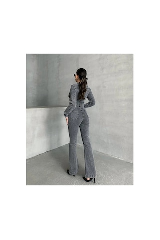 Kene Jeans Uzun Ceketli Kar Siyah İspanyol Paça/flare Esnek Denim Tulum Siyah