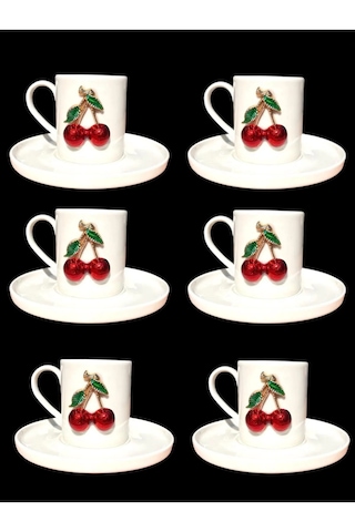 6 Kişilik Beyaz Porselen Fenomen Kiraz Kahve Fincan Takımı Sunum