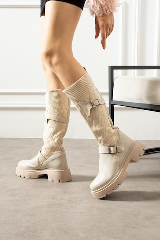 Shoetek Panve Kadın Çizme Bacak Triko Dokumalı Kamer Tokalı Bej Bej