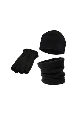 Unisex Kışlık Polar Parmaksız Eldiven - Bere - Boyunluk 3'lü Set Siyah