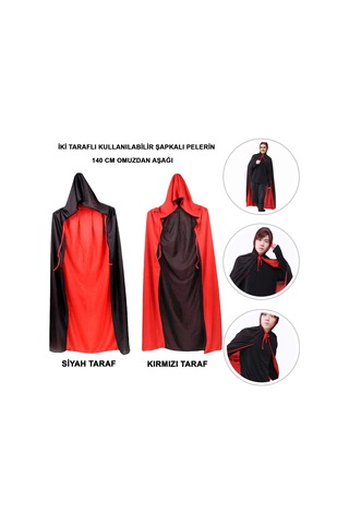 Çift Taraflı Kullanılabilir Siyah Kırmızı Kapişonlu Pelerin 140 Cm Yetişkin
