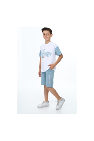 Erkek Çocuk Kısa Kollu Yazı Baskılı Şortlu Takım-5890-Mavi