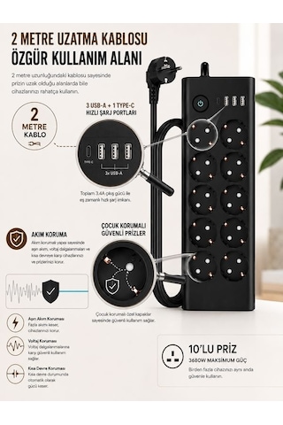 10'lu Priz, 3 Usb, 3.4 Amper, 1 Type-c Girişli 16a Akım Korumalı Uzatma Kablolu Priz Çoklayıcı 1 - 3 M