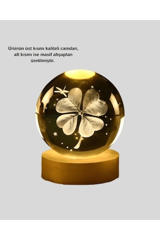 Yonca Bitki Figürlü Cam Küre Gece Lambası, Usb Led Işıklı Ahşap Standlı