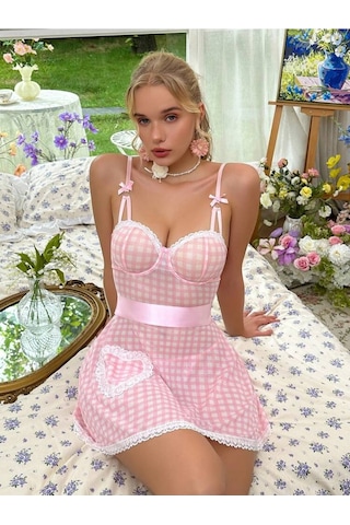 Bella Notte Pembe Pötikareli Kuşaklı Fantezi Gecelik