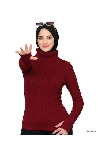 Trikonova Balıkçı Yaka Parmak Detaylı Bordo