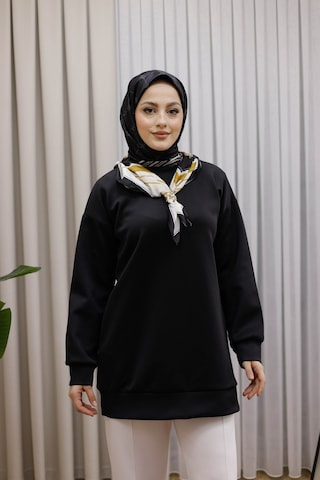 Moonsc Kadın Regular Fit Pamuklu Yaka Fularlı Bisiklet Yaka Siyah Tunik