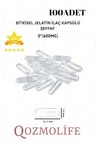 Qozmolife Orta Boy Şeffaf Bitkisel Jelatin Boş Kapsülü Helal Sertifikalı 0"600mg 100 Adet Qozmolife Orta Boy Şeffaf Bitkisel Jelatin Boş Kapsülü Helal Sertifikalı 0"600mg 100 Adet