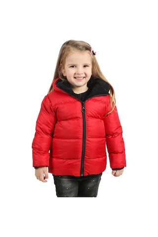 Kız Çocuk Kırmızı Içi Polarlı Kapüşonlu Su Geçirmez Rüzgara Dayanıklı Şişme Kışlık Mont & Kaban Kırmızı