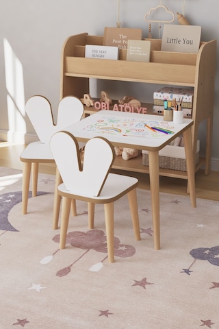 Resim Kağıdı Rulolu Çocuk Aktivite Masası 45x45 Cm 2 Sandalyeli Tavşan Sandalye Çok Renkli