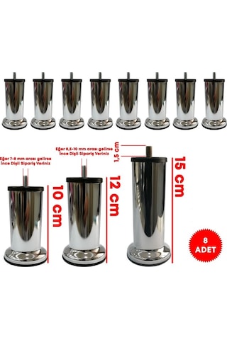 Ademkocplastik 10 - 12 - 15 Cm Metal Krom Baza Koltuk Kanepe Sehpa Ayağı 8 Adet
