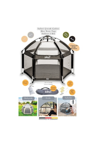 Kiwi Safari Çocuk-bebek Oyun Parkı Çadırı +50 Uv Korumalı,kolay Kurulum,alüminyum Sağlam Gövde- Siyah