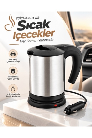 Shnstore Yolculuk Ve Seyahat İçin 12v Araç Uyumlu Paslanmaz Çelik Elektrikli Su Isıtıcı Kettle Shntknd0720