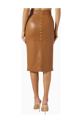 Elisabetta Franchi Deri Görünümlü, Korse Detaylı Fitted Pencil Midi Etek Kahverengi