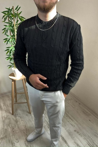 Erkek Siyah Örgülü Slim Fit Bisiklet Yaka Triko Kazak Siyah