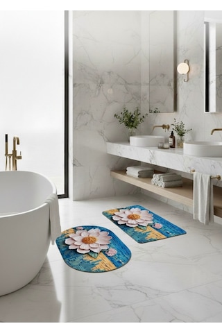 2 Li Sihirli Paspas,su Emici, Kaymaz Tabanlı, Banyo,duş,mutfak,lavabo,balkon Kapısı 57,5x38 Cmx 2 Çiçekli1