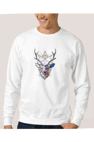 Triangles Deer Geyik Baskılı Beyaz Erkek Örme Sweatshirt (530937144)