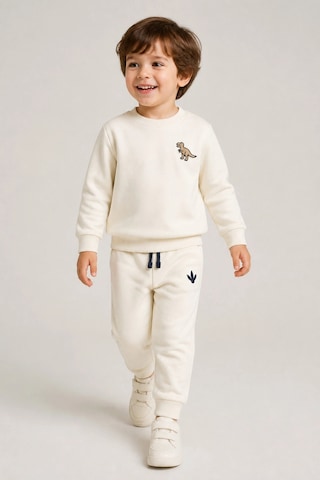 Rony Pony Kids Erkek Çocuk Krem Dinozor Nakışlı Pamuklu 2 İplik Sweatshirt Ve Lastik Paçalı Eşofman Takımı