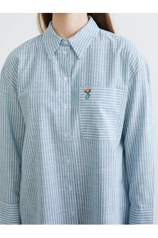 LC Waikiki Yeşil Çizgili Oversize Poplin Kadın Gömlek Tunik Yesil