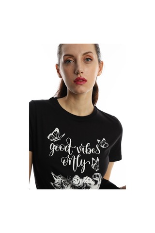 Kadın Good Vibes Only Yazı Baskılı Tişört Siyah