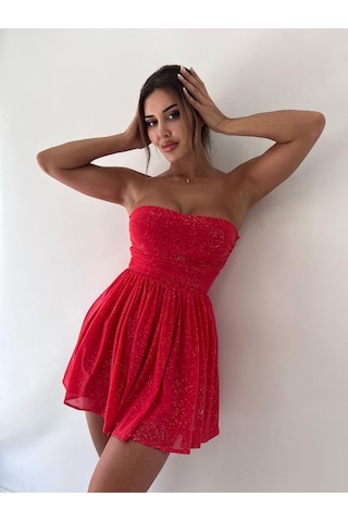 Pink Life Kırmızı Elegant Sparkle Straplez Fiyonk Detaylı Mini Elbise-Kırmızı